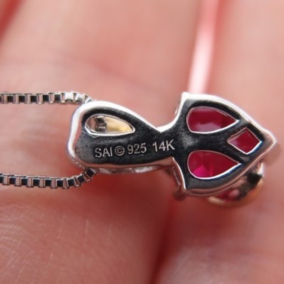 SAI 925 Sterling Silver & 14K Gold Real Ruby Heart Box Chain Necklace 18" - Picture 6 of 8